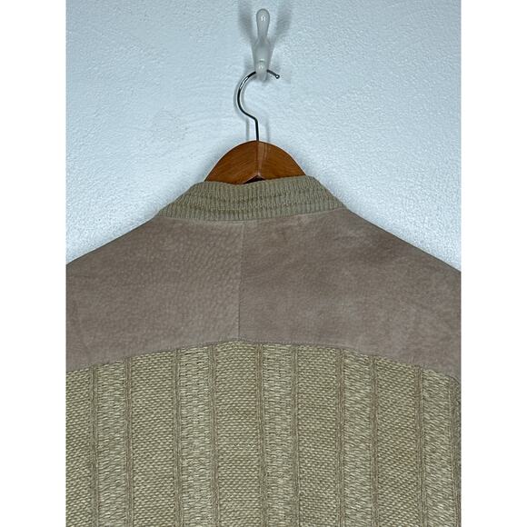 VTG SAXONY Leather Sweater Cardigan M Tan Color Block Dad Grandpa Aesthetic - Picture 11 of 16